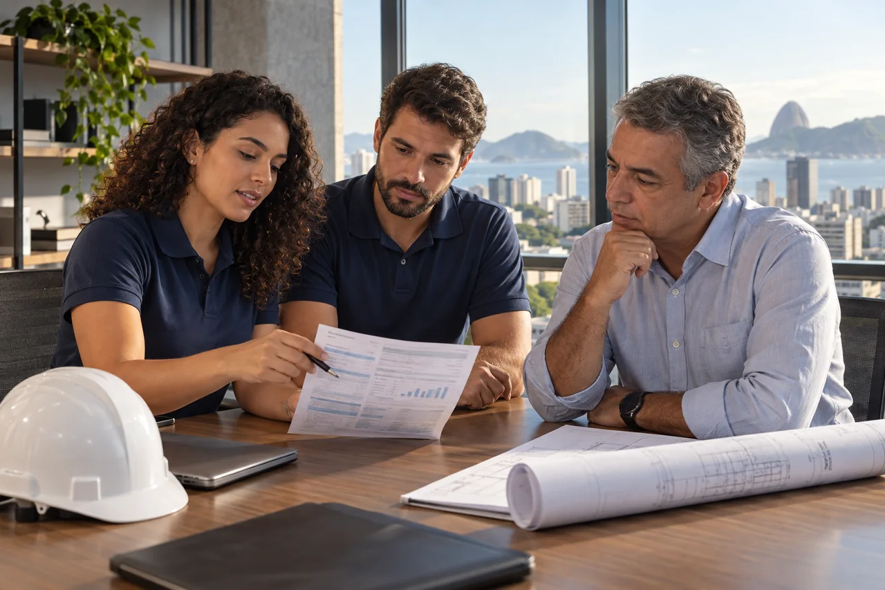 Cena ilustrativa de engenheiros e administrador analisando uma conta, sem representar a equipe real